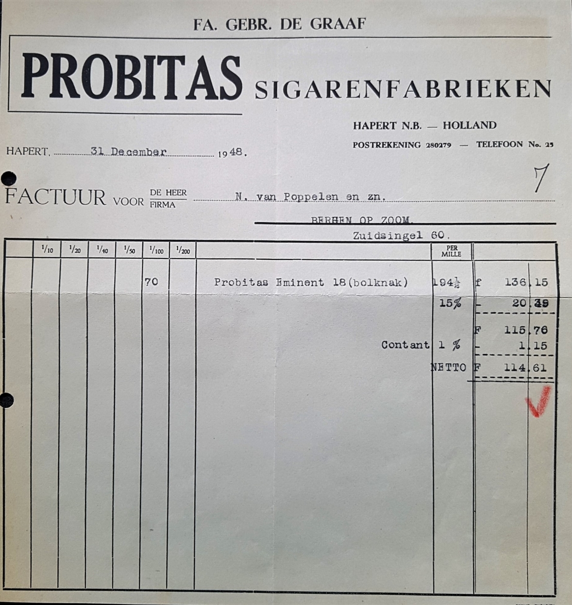 Graaf Gebr.de. Sigarenfabrieken PROBITAS - Hapert 31 Dec 1948  M