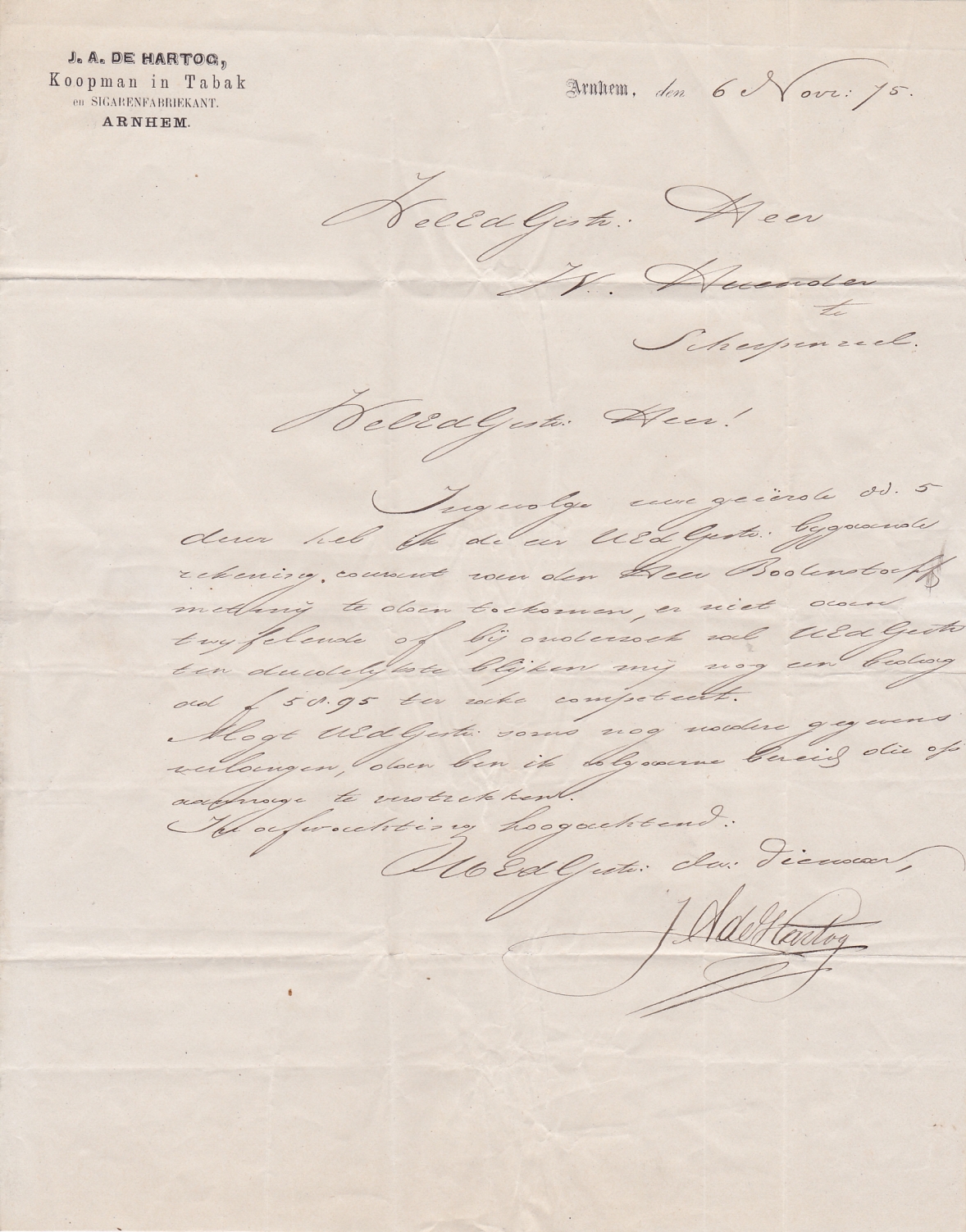 Hartog J.A. de Koopman en Sigarenfabriekant - Arnhem BRIEF 6 Nov 1875 M Hartog J.A. de Koopman en Sigarenfabriekant - Arnhem BRIEF 6 Nov 1875 M