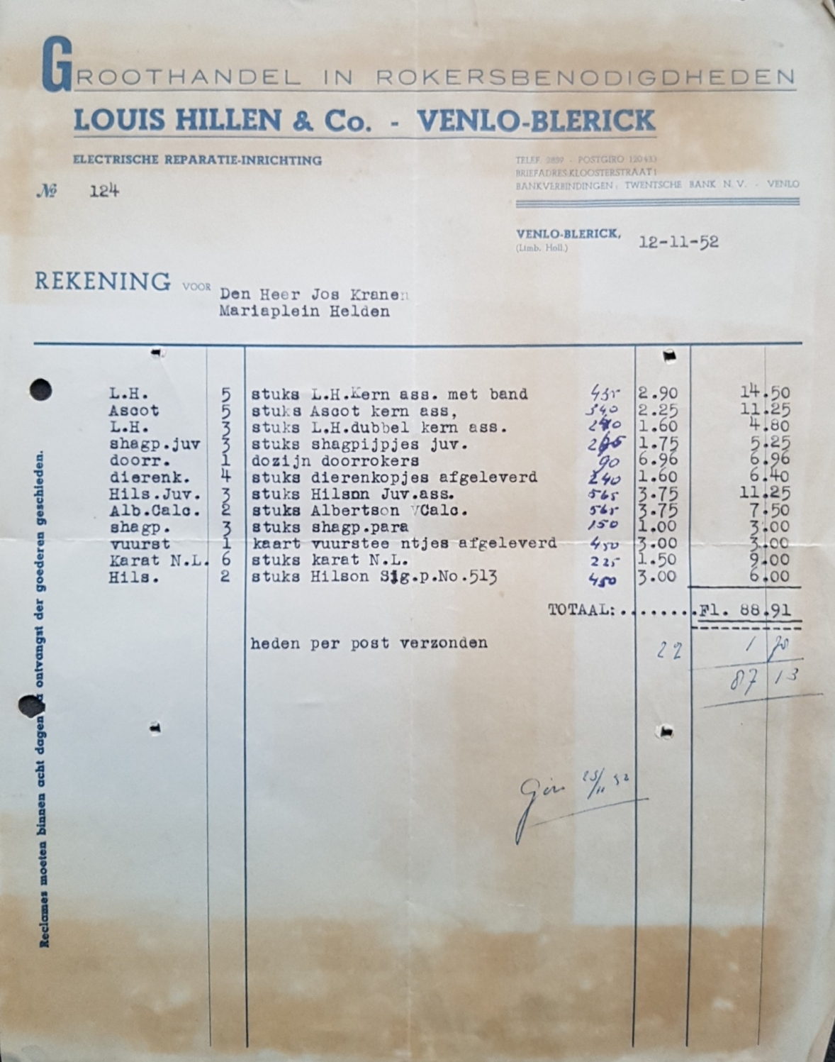 Hillen en Co. Groothandel - Venlo-Blerick 12 Nov 1952 M Hillen en Co. Groothandel - Venlo-Blerick 12 Nov 1952 M