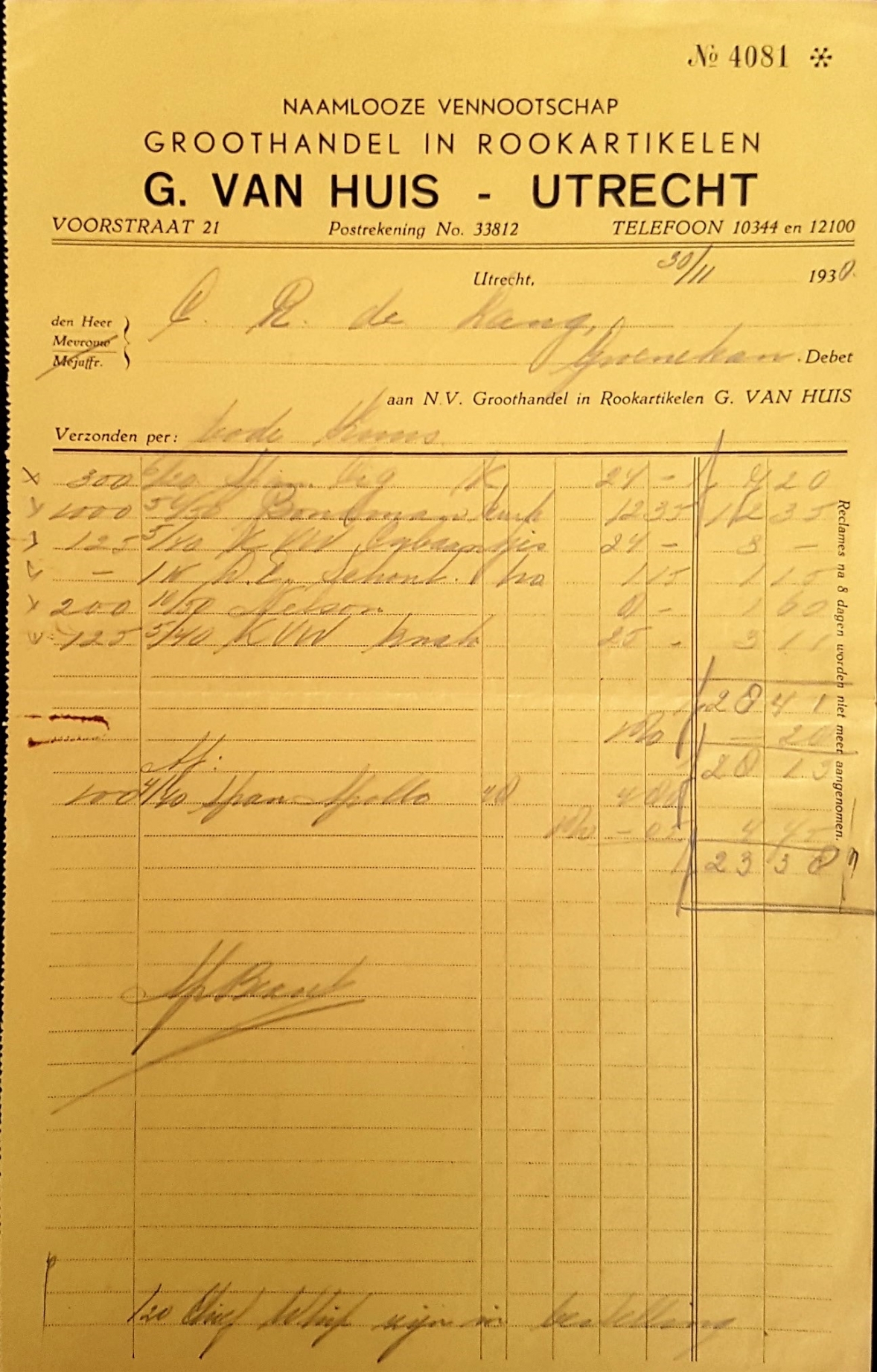 Huis G. van. Groothandel - Utrecht 30 Nov 1938  M