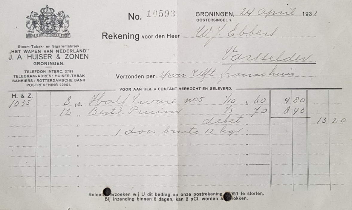 Huiser & Zonen J.A. het Wapen van Nederland - Groningen 24 Apr 1931  M