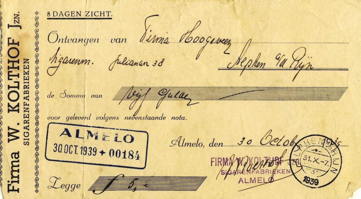 Kolthof W. Jzn. Sigarenfabrieken - Almelo KWITANTIE 30 Okt 1939 M Kolthof W. Jzn. Sigarenfabrieken - Almelo KWITANTIE 30 Okt 1939 M
