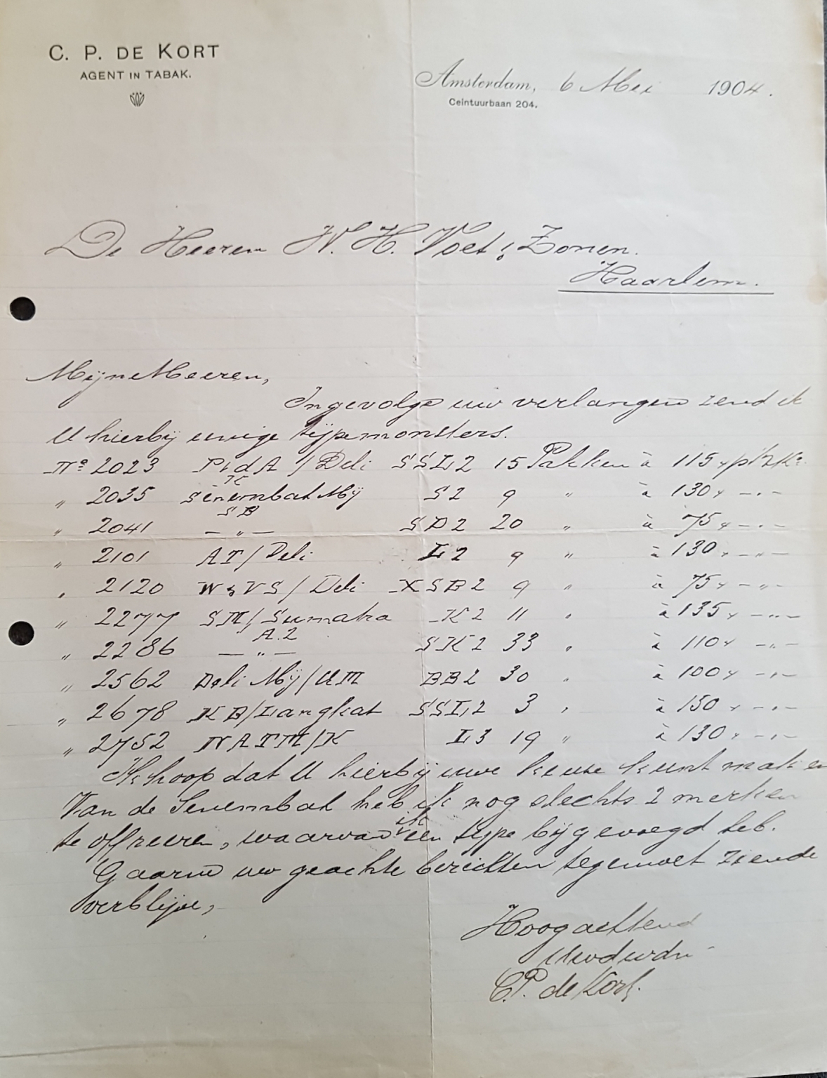 Kort de C. P. Agent in tabak - Amsterdam 6 Mei 1904 M Kort de C. P. Agent in tabak - Amsterdam 6 Mei 1904 M