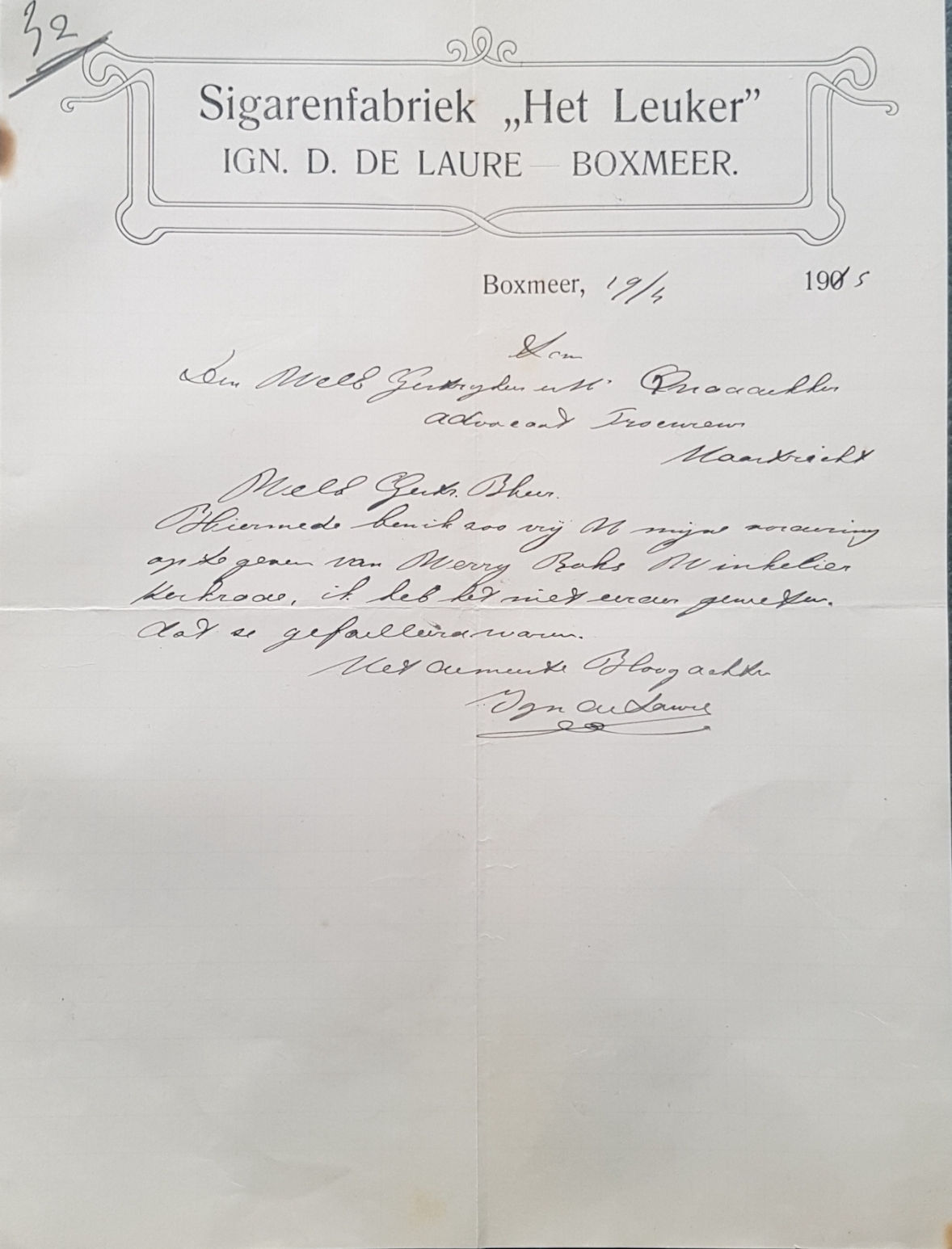 Laure D. de Ing. Sigarenfabriek HET LEUKER - Boxmeer 19 Apr 1905 M Laure D. de Ing. Sigarenfabriek HET LEUKER - Boxmeer 19 Apr 1905 M