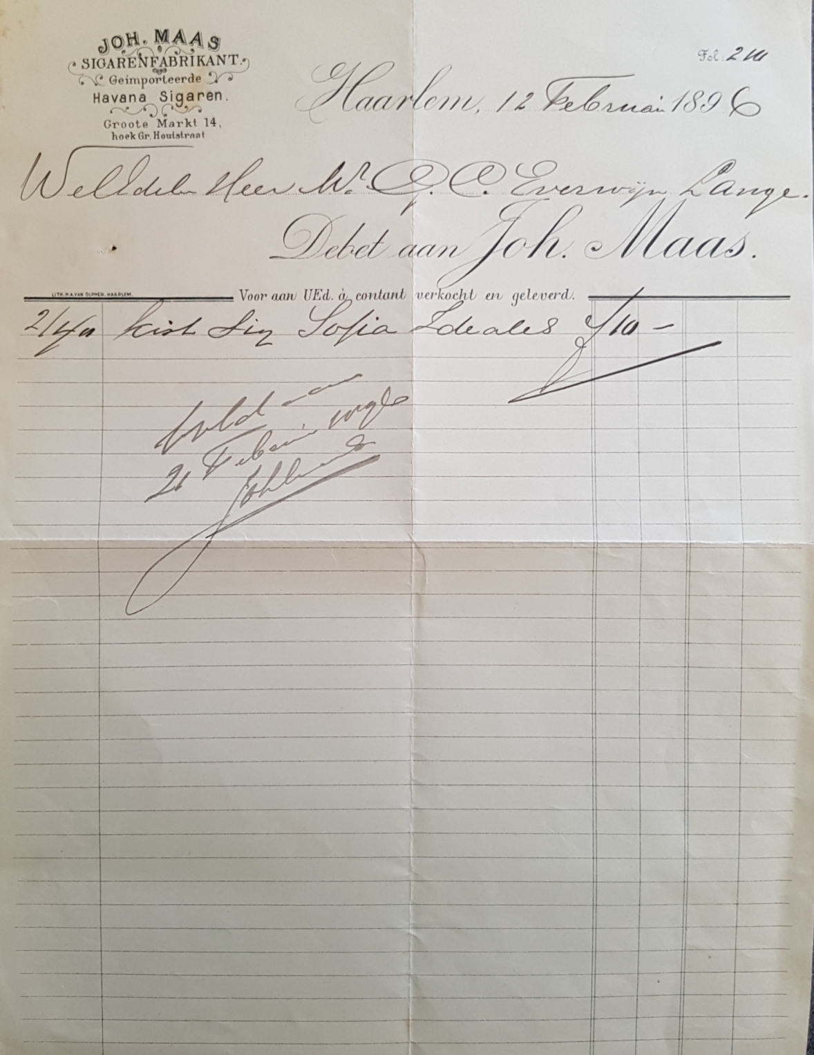 Maas Joh. Sigarenfabrikant - Haarlem 12 Feb 1896  M