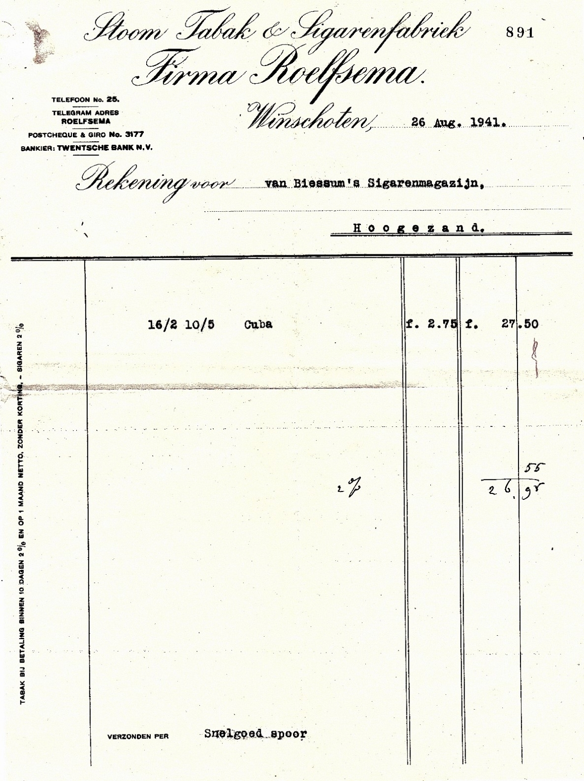 Roelfsema Handelsvennootschap Tabak en Sigaren - Winschoten 26 Aug 1941 M Roelfsema Handelsvennootschap Tabak en Sigaren - Winschoten 26 Aug 1941 M