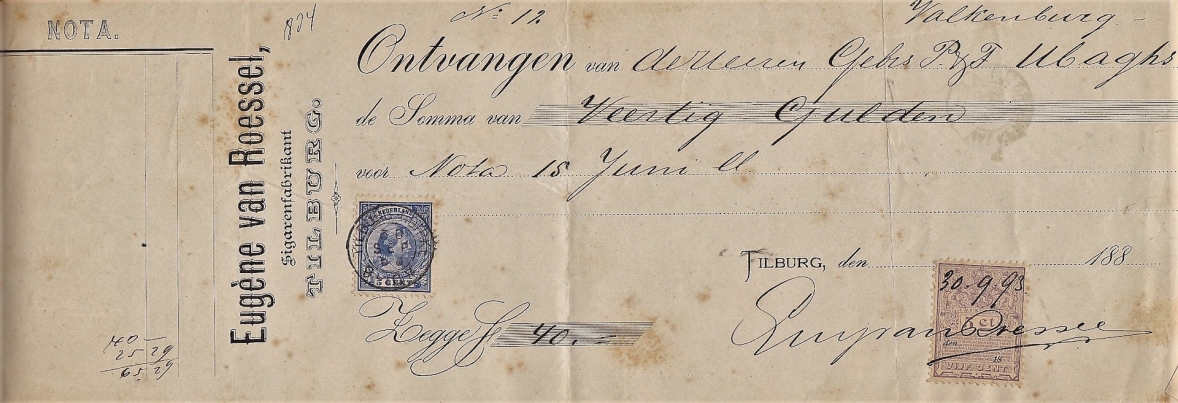 Roessel Eugene van. Sigarenfabrikant-Tilburg kwitantie 30 Sep 1893 M Roessel Eugene van. Sigarenfabrikant-Tilburg kwitantie 30 Sep 1893 M