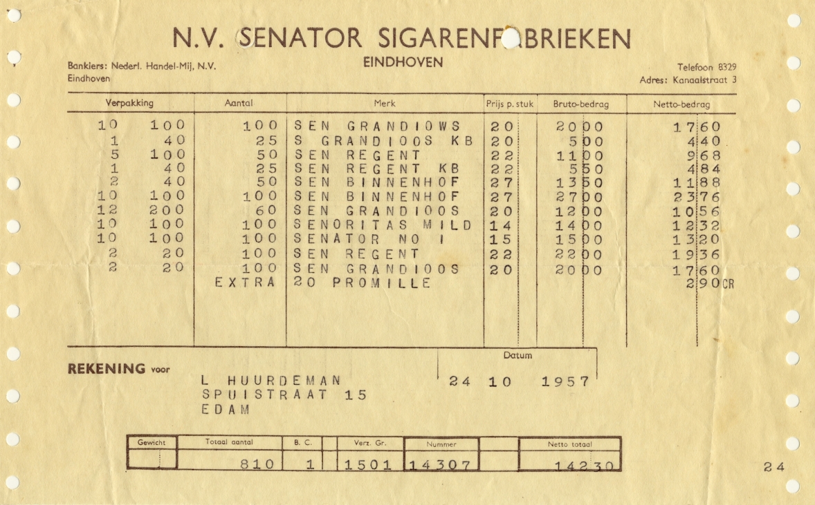 Senator Sigarenfabrieken N.V. - Eindhoven 24 Okt 1957 M Senator Sigarenfabrieken N.V. - Eindhoven 24 Okt 1957 M