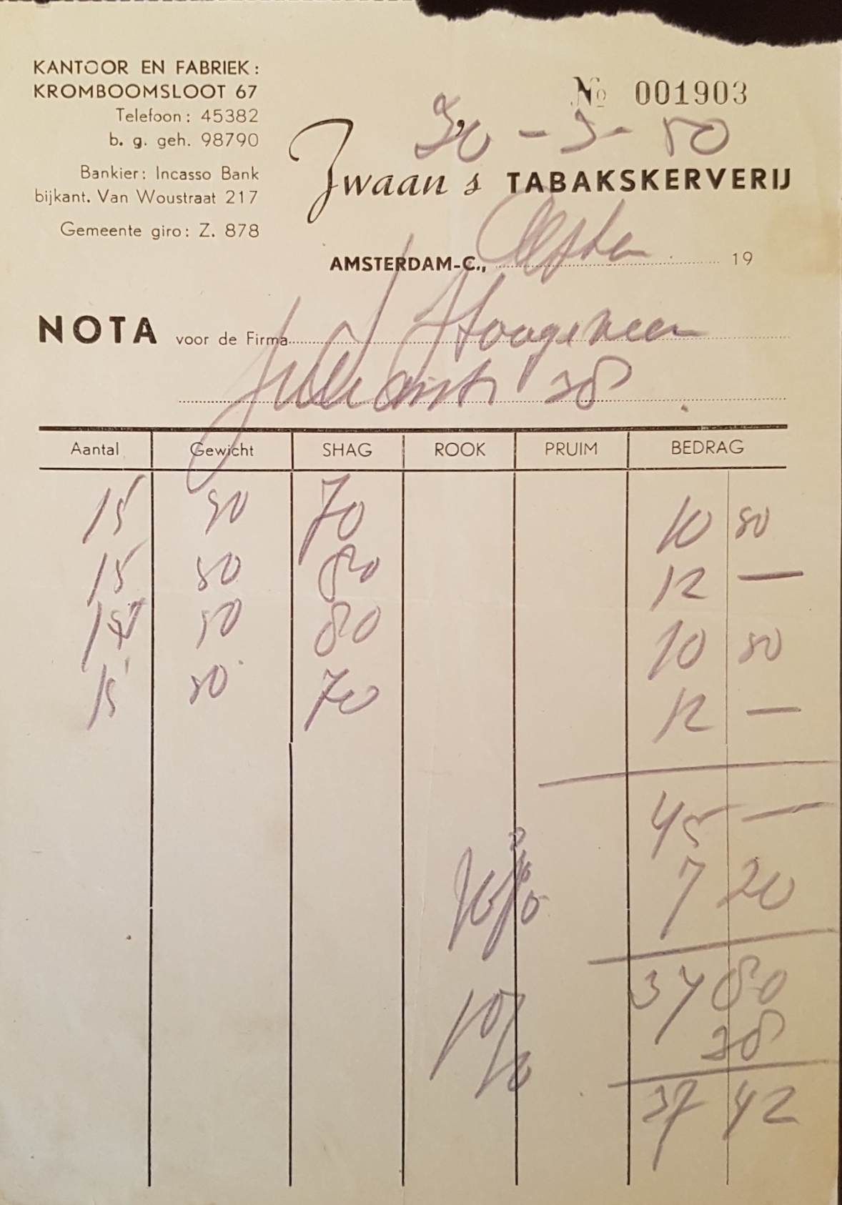 Zwaan s Tabakskerverij - Amsterdam 30 Mrt 1950 M Zwaan s Tabakskerverij - Amsterdam 30 Mrt 1950 M
