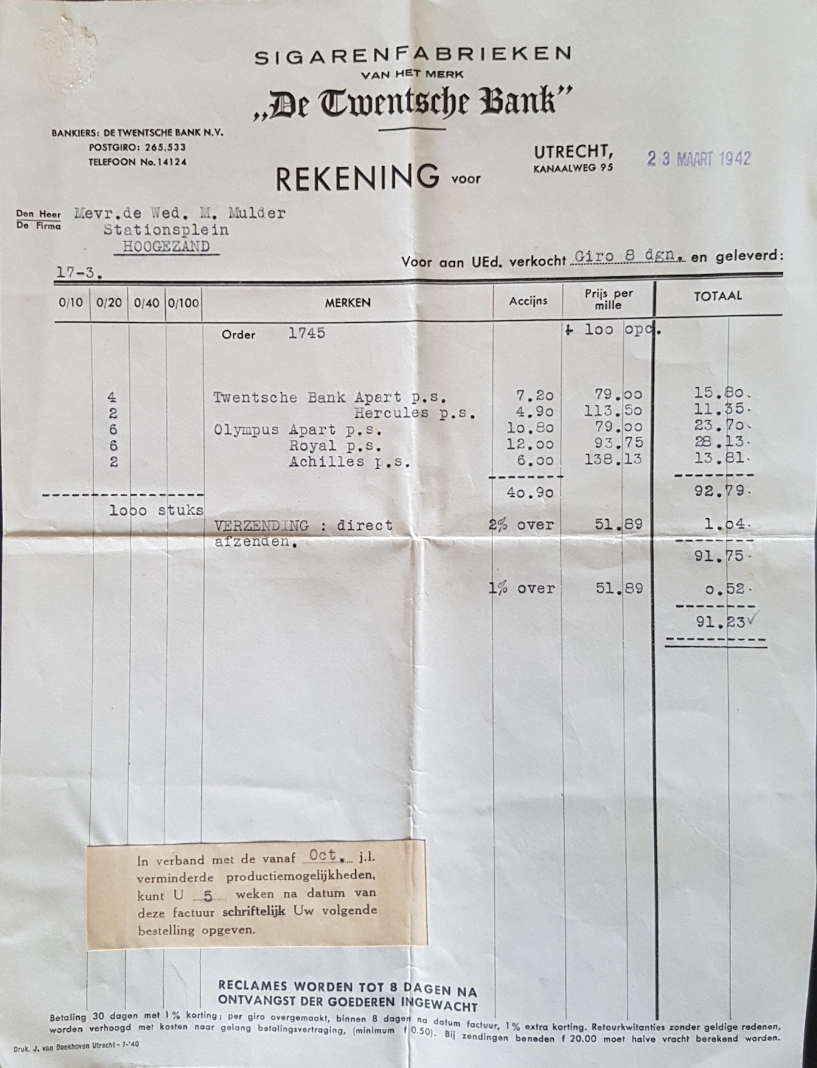 Twentsche Bank De. Sigarenfabrieken - Utrecht 23 Mrt 1942  M