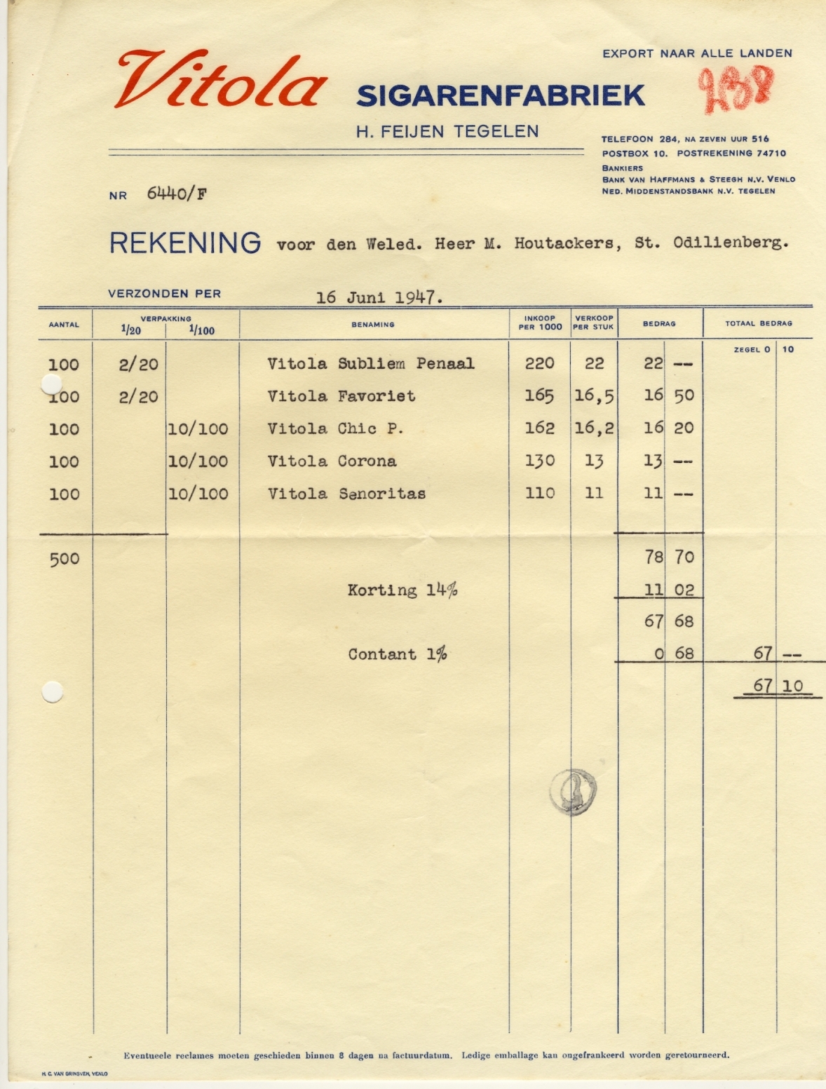 Vitola Sigarenfabriek - Tegelen 16 Jun 1947  M