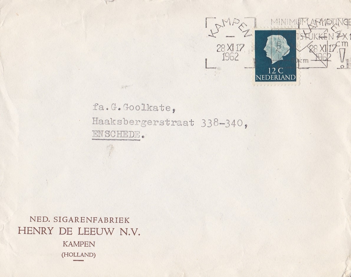 Leeuw Henry de N.V. Sigarenfabriek - Kampen ENVELOP anno 1962 M Leeuw Henry de N.V. Sigarenfabriek - Kampen ENVELOP anno 1962 M