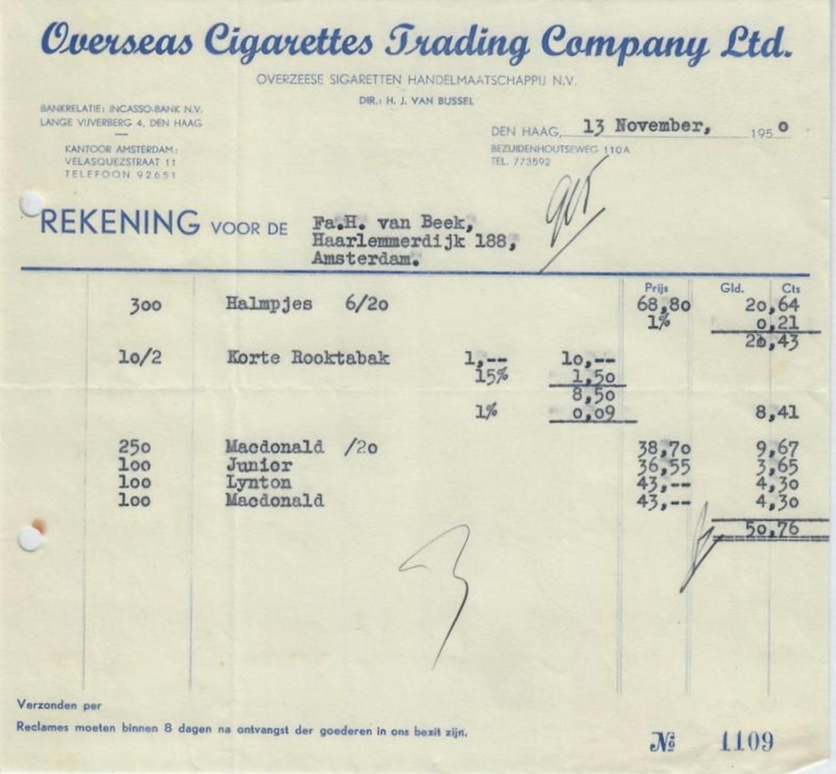 Overseas Cigarettes Trading Company Sigaretten Tabak - 's-Gravenhage 13-11- Overseas Cigarettes Trading Company Sigaretten Tabak - 's-Gravenhage 13-11-
