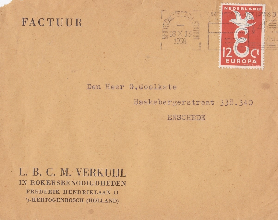 Verkuijl L.B.C.M. Rokersbenodigdheden sHertogenbosch ENVELOP anno 1958 M Verkuijl L.B.C.M. Rokersbenodigdheden sHertogenbosch ENVELOP anno 1958 M