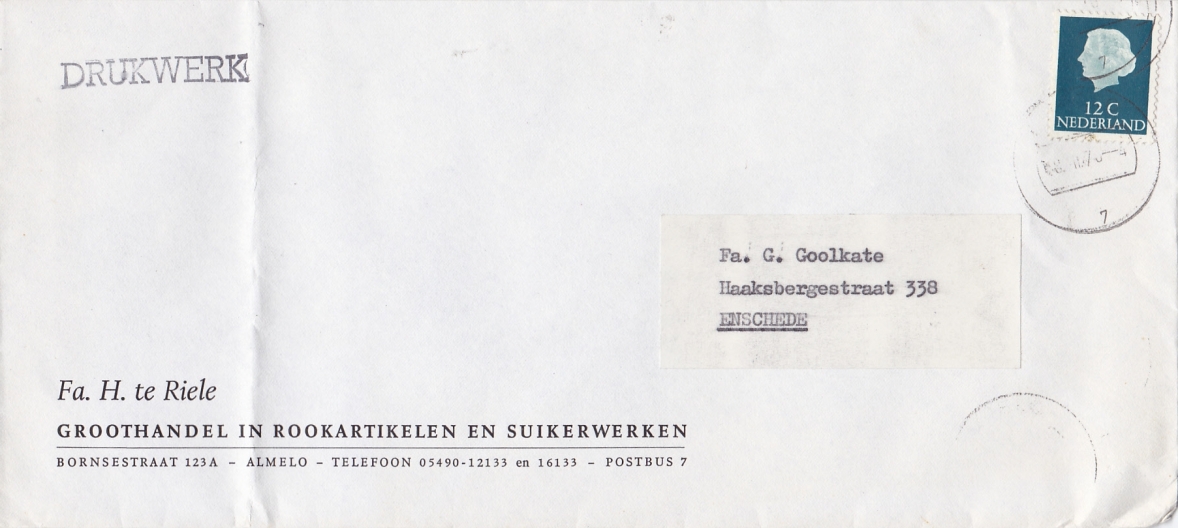 Riele H. te Fa Groothandel in Rookartikelen Almelo ENVELOP M Riele H. te Fa Groothandel in Rookartikelen Almelo ENVELOP M