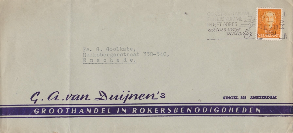Duijnen G.A. van Groothandel in Rokersbenodigdheden Amsterdam ENVELOP anno 1950 Duijnen G.A. van Groothandel in Rokersbenodigdheden Amsterdam ENVELOP anno 1950