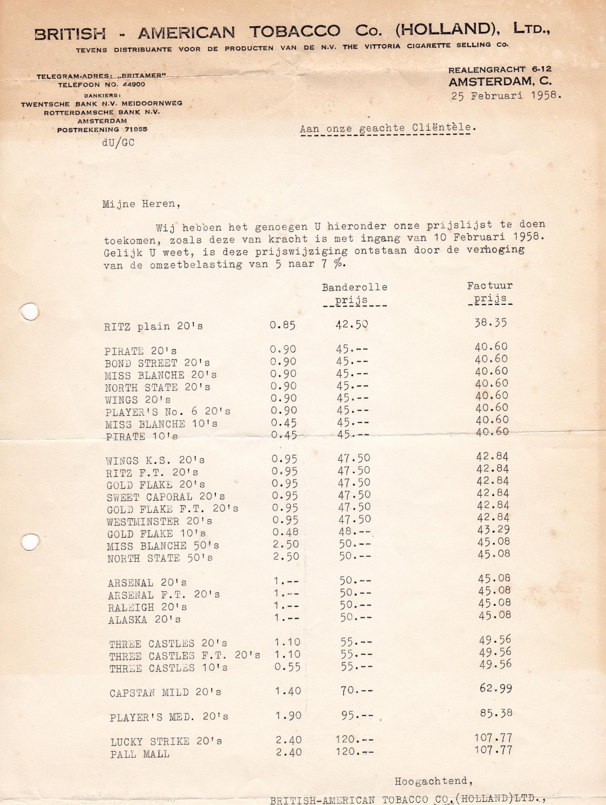 BAT Co. - Amsterdam anno 1958 PRIJSLIJST M BAT Co. - Amsterdam anno 1958 PRIJSLIJST M