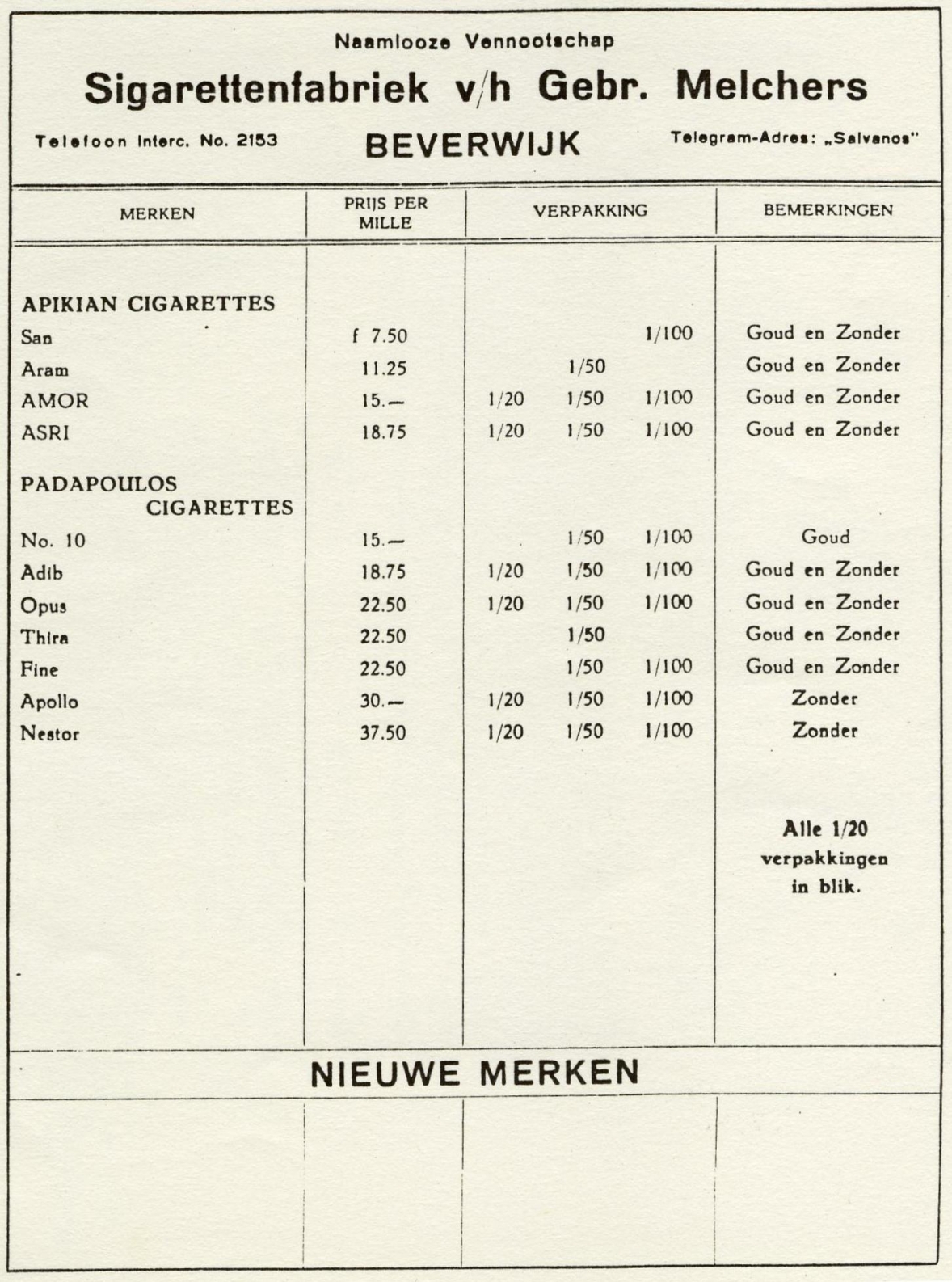 Melchers vh Gebr. Sigarenfabriek N.V. - Beverwijk PRIJSLIJST anno 1925 M Melchers vh Gebr. Sigarenfabriek N.V. - Beverwijk PRIJSLIJST anno 1925 M