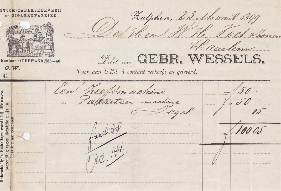 Wessels Gebr., Stoom-Tabakskerverij en Sigarenfabriek, De Koophandel, Zutphen, anno 1899, M Wessels Gebr., Stoom-Tabakskerverij en Sigarenfabriek, De Koophandel, Zutphen, anno 1899, M