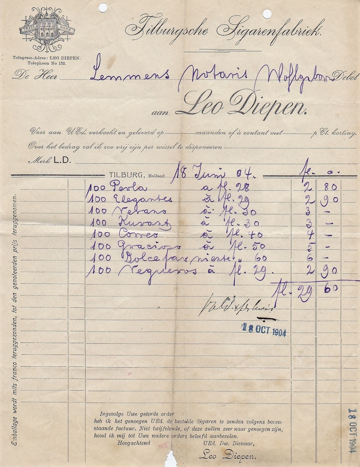 Diepen Leo, Tilburgsche Sigarenfabriek, Tilburg, anno 1904, M Diepen Leo, Tilburgsche Sigarenfabriek, Tilburg, anno 1904, M