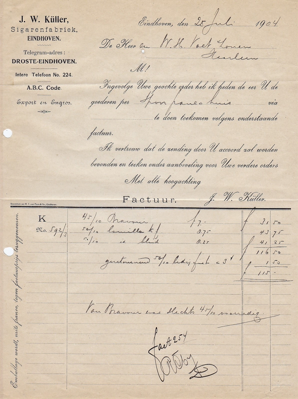 Kuller J.W., Sigarenfabriek, Eindhoven, anno 1904, M Kuller J.W., Sigarenfabriek, Eindhoven, anno 1904, M