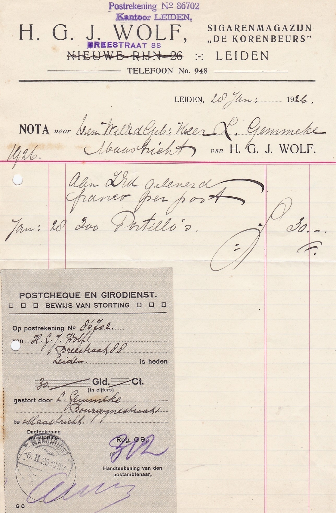 Wolf H.G.J., Sigarenmagazijn De Korenbeurs, Leiden, anno 1926, M Wolf H.G.J., Sigarenmagazijn De Korenbeurs, Leiden, anno 1926, M