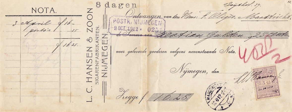Hansen L.C. en Zoon Sigaren fabrikanten - Nijmegen anno 1912 KWITANTIE M Hansen L.C. en Zoon Sigaren fabrikanten - Nijmegen anno 1912 KWITANTIE M