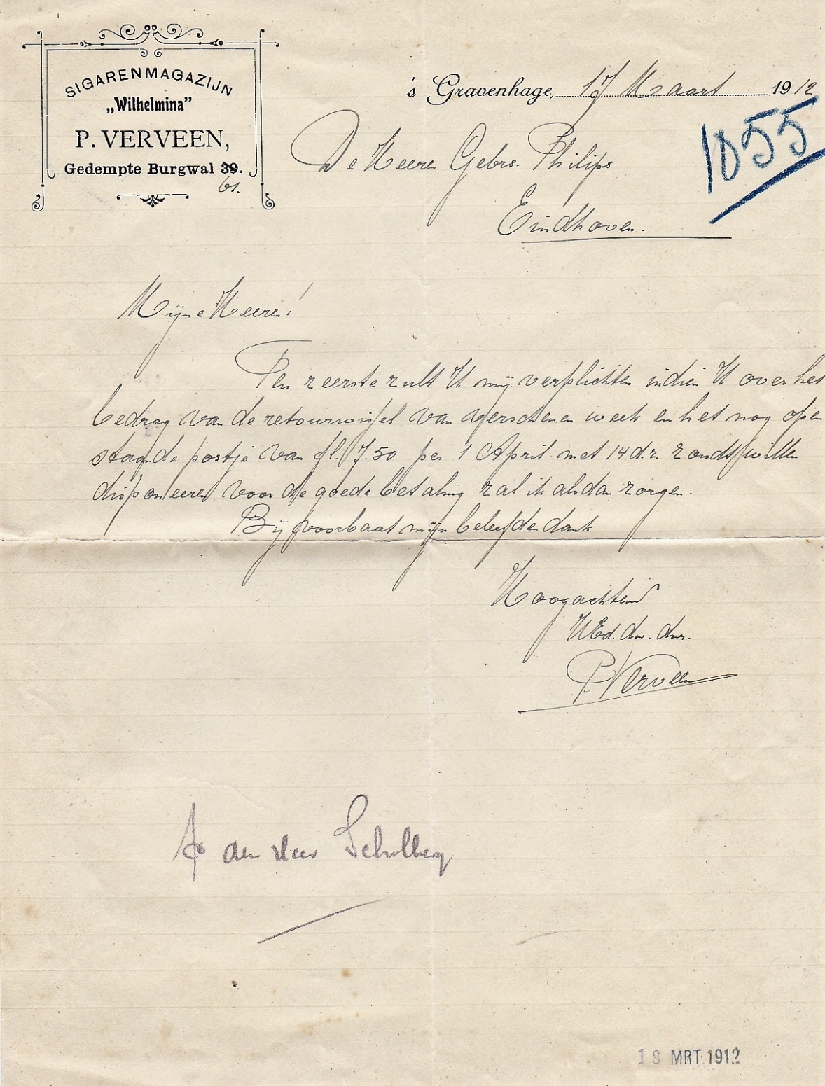 Verveen P. Sigarenmagazijn Wilhelmina - sGravenhage  anno 1912 BRIEF  M