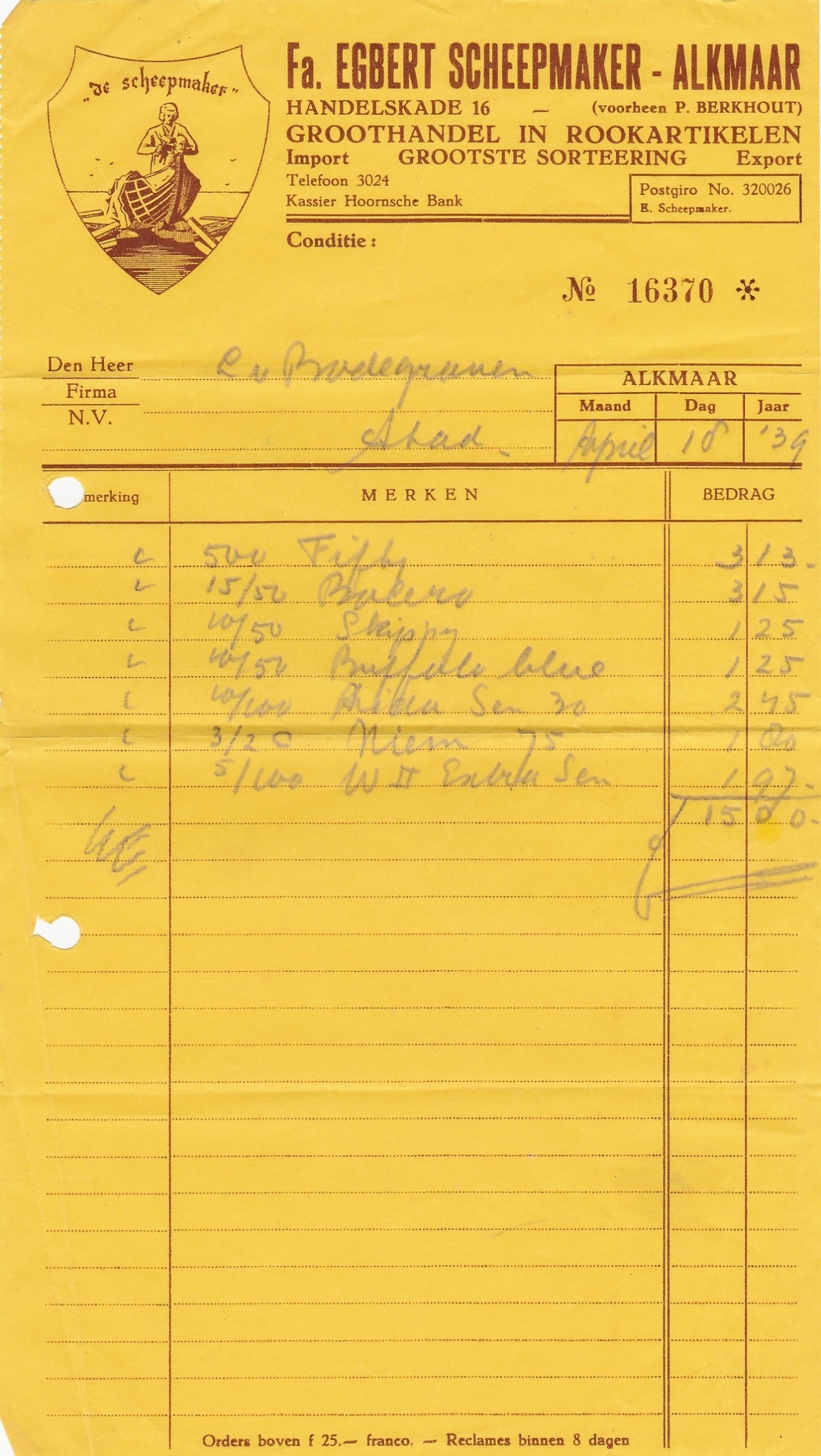 Scheepmaker Egbert Fa. Groothandel - Alkmaar anno 1939   M