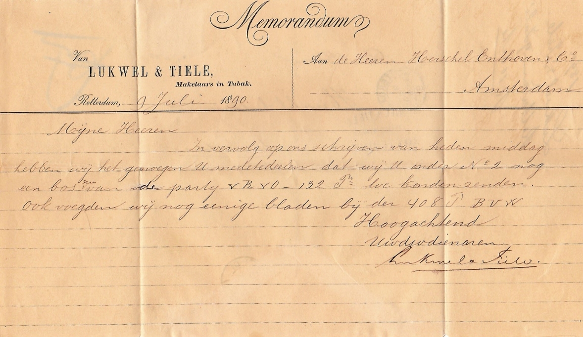 Lukwel en Tiele, Makelaars in Tabak, Rotterdam, anno 9-juli-1890, BRIEF, M Lukwel en Tiele, Makelaars in Tabak, Rotterdam, anno 9-juli-1890, BRIEF, M