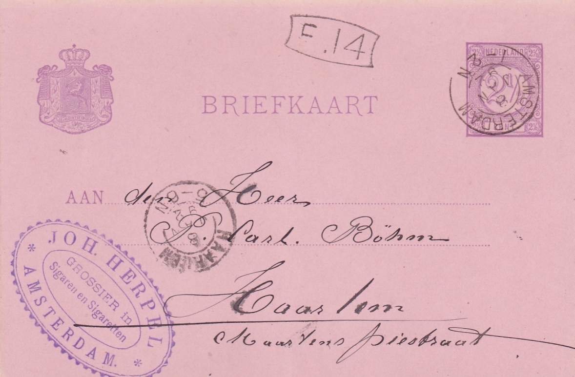 Herpel Joh. grossier in Sigaren en Sigaretten - Amsterdam anno  18-jan-1892 BRIEFKAART   M