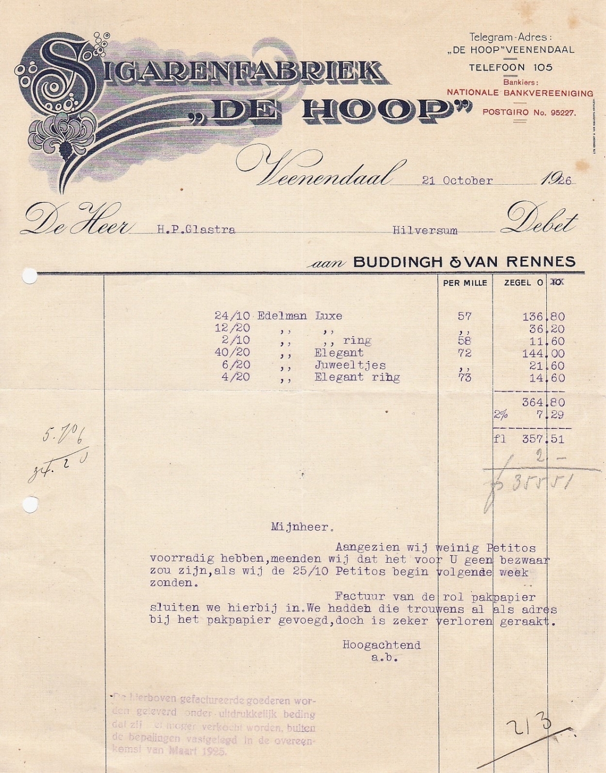 Buddingh en van Rennes, Sigarenfabriek .De Hoop. Veenendaal anno 21-october-1926  M