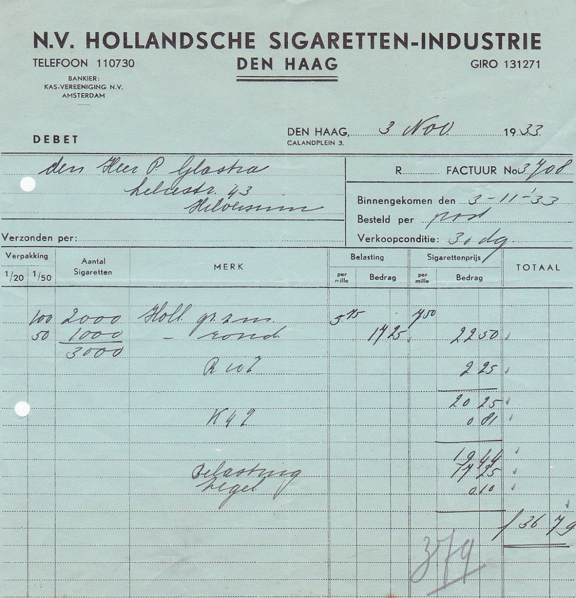 Hollandsche Sigaretten - Industrie N.V., Den Haag, anno 3-Nov-1933 M Hollandsche Sigaretten - Industrie N.V., Den Haag, anno 3-Nov-1933 M