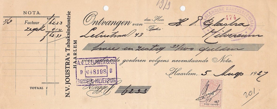 Joustra N.V. Tabaksindustrie, Haarlem, anno 5-augs-1927, KWITANTTIE  M