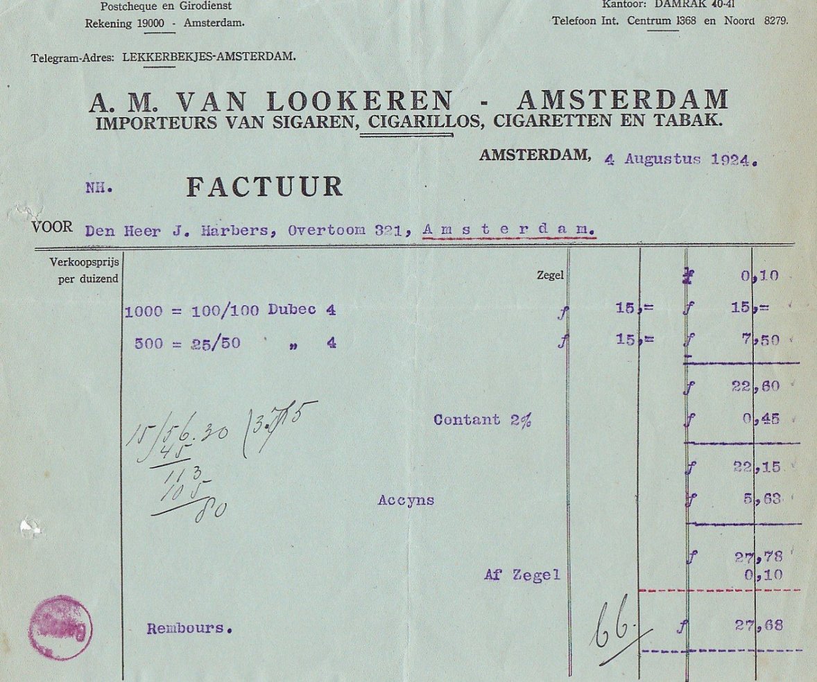 Lookeren A.M. van, Importeurs van Sigaren, Cigaretten en Tabak, Amsterdam, anno 4-Augustus-1924 M Lookeren A.M. van, Importeurs van Sigaren, Cigaretten en Tabak, Amsterdam, anno 4-Augustus-1924 M