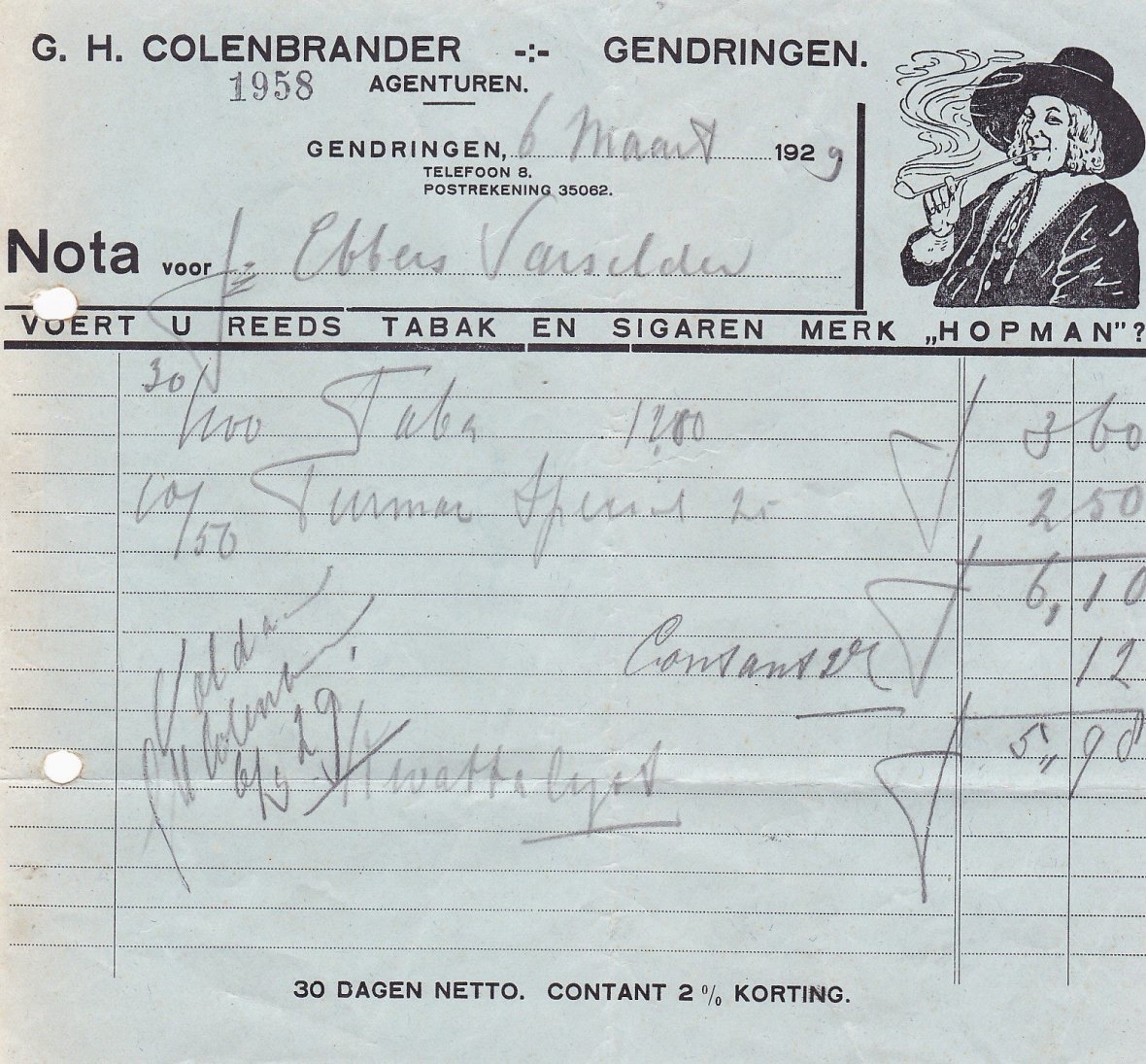 Colenbrander G.H., Agent, Gendringen, anno 6-maart-1929 M Colenbrander G.H., Agent, Gendringen, anno 6-maart-1929 M