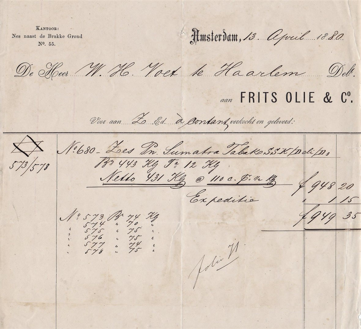 Olie Frits en Co, Amsterdam, anno 13-April-1880 MP Olie Frits en Co, Amsterdam, anno 13-April-1880 MP