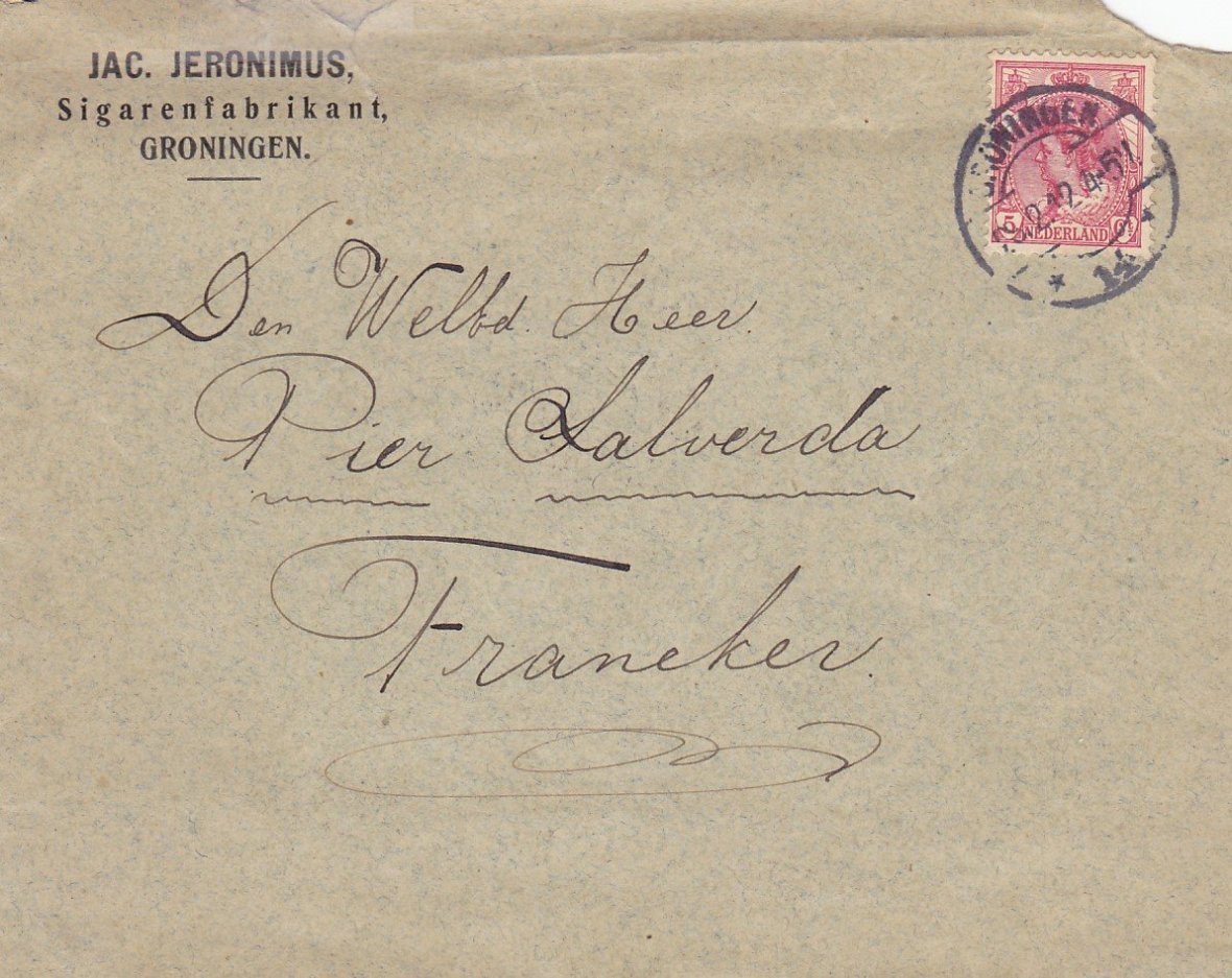 Jeronimus Jac. Sigaren fabrikant - Groningen anno 1912 ENVELOP M Jeronimus Jac. Sigaren fabrikant - Groningen anno 1912 ENVELOP M