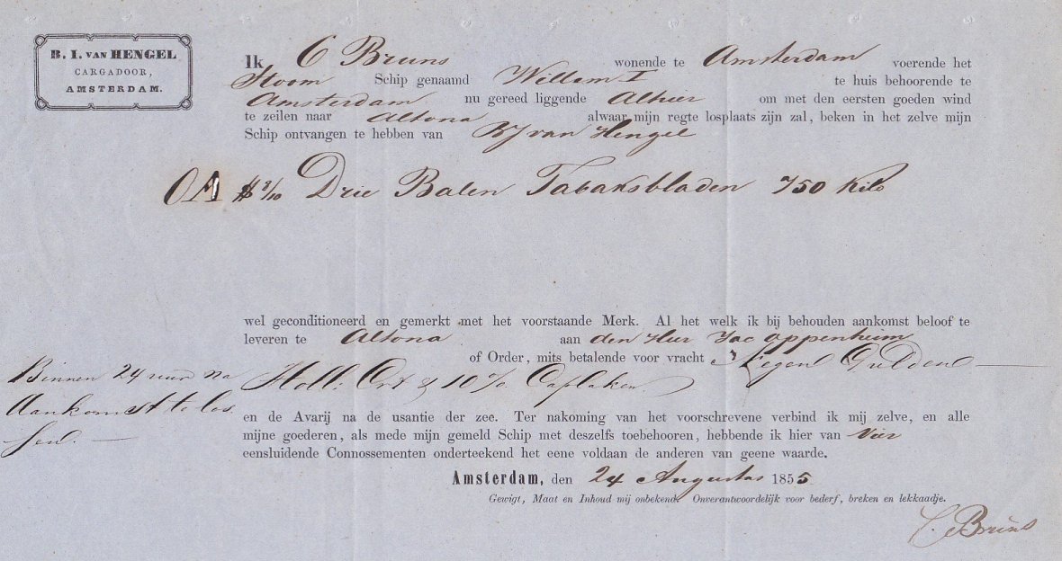 Hengel B.I. van cargadoor - Amsterdam anno 24-augustus-1855 bestemming Altona-Hamburg VRACHTBRIEF M Hengel B.I. van cargadoor - Amsterdam anno 24-augustus-1855 bestemming Altona-Hamburg VRACHTBRIEF M