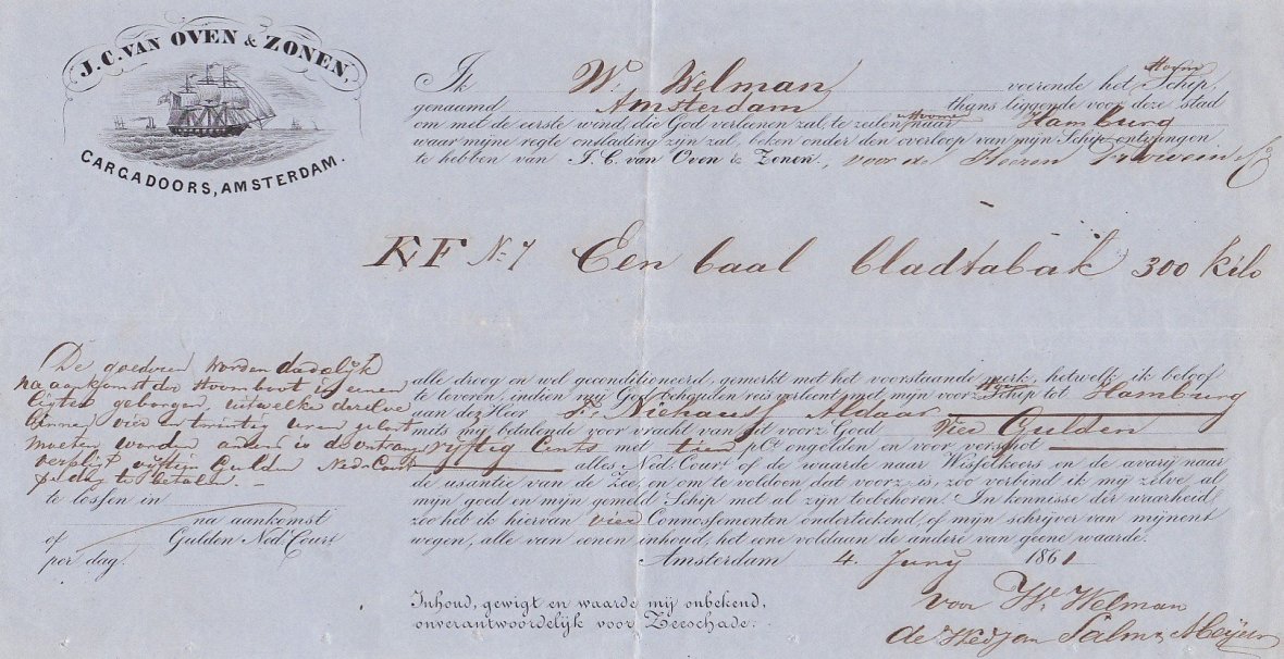 Oven J.C. van en Zonen cargadoor - Amsterdam anno 4-juny-1861 bestemming Hamburg VRACHTBRIEF M Oven J.C. van en Zonen cargadoor - Amsterdam anno 4-juny-1861 bestemming Hamburg VRACHTBRIEF M