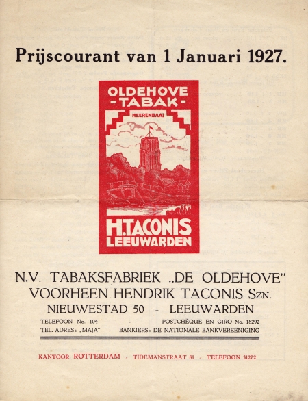 1927 prijscourant Taconis - Leeuwarden 1927 prijscourant Taconis - Leeuwarden