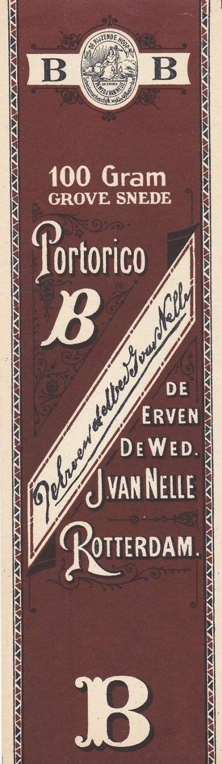 Nelle. van N.V. de Erven de Wed. J. Rotterdam Portorico B 100 gr grove snede M Nelle. van N.V. de Erven de Wed. J. Rotterdam Portorico B 100 gr grove snede M