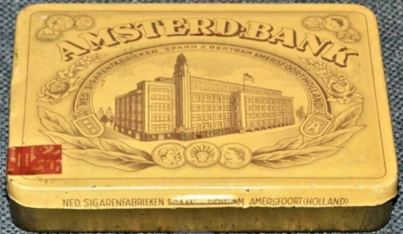 AMSTERD-BANK blik 20 sigaren kleinhandelsprijs 70 ct banderol 2154 M AMSTERD-BANK blik 20 sigaren kleinhandelsprijs 70 ct banderol 2154 M