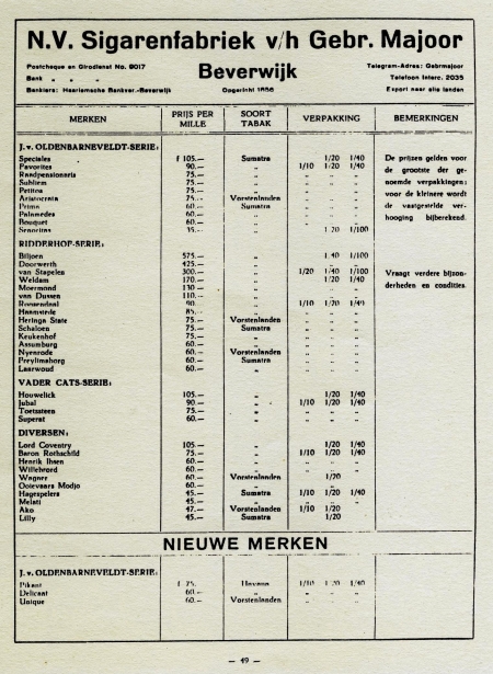 Majoor. vh Gebr. Sigarenfabriek N.V. - Beverwijk PRIJSLIJST anno 1925 M Majoor. vh Gebr. Sigarenfabriek N.V. - Beverwijk PRIJSLIJST anno 1925 M