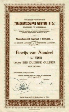Weinthal en Co, Tabak maatschappij, Rotterdam, anno 1942, AANDEEL, MP Weinthal en Co, Tabak maatschappij, Rotterdam, anno 1942, AANDEEL, MP