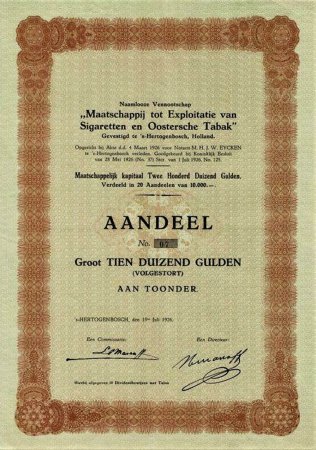 Maatschappij tot Exploitatie van Sigaretten en Oostersche Tabak, sHertogenbosch, anno 1926, AANDEEL MP Maatschappij tot Exploitatie van Sigaretten en Oostersche Tabak, sHertogenbosch, anno 1926, AANDEEL MP