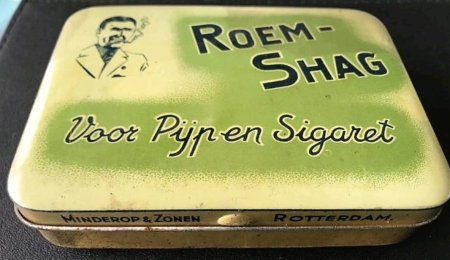 Minderop en Zn Tabaksfabrikaten - Rotterdam ROEM-SHAG blik 50 gram prijs 15 cent banderol 1008 MP Minderop en Zn Tabaksfabrikaten - Rotterdam ROEM-SHAG blik 50 gram prijs 15 cent banderol 1008 MP