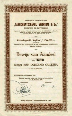 Weinthal & Co. Tabakmaatschappij - Rotterdam anno 1942 AANDEEL MP Weinthal & Co. Tabakmaatschappij - Rotterdam anno 1942 AANDEEL MP